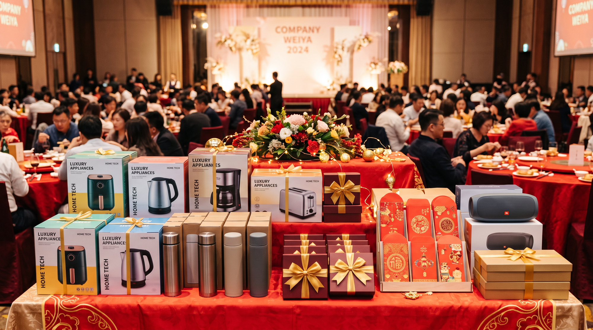 尾牙宴會抽獎獎品桌,紅色桌布上擺放家電、保溫瓶與金色緞帶禮盒