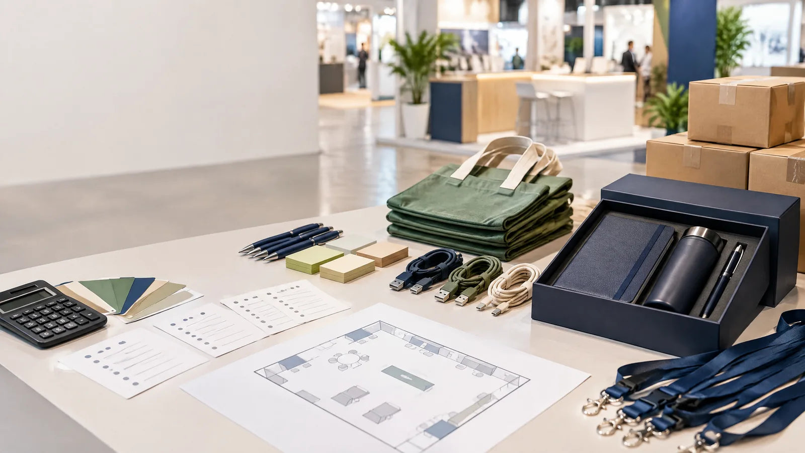 展覽贈品規劃桌面展示廣告筆、便利貼、帆布袋、充電線、商務禮盒與庫存紙箱