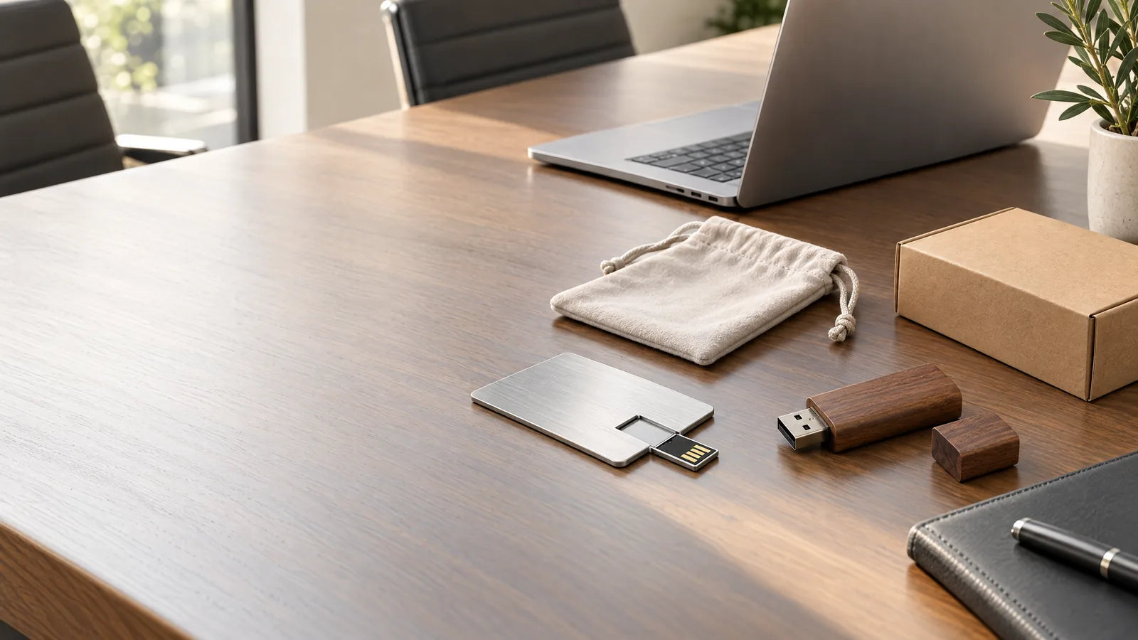 企業採購用的金屬、木質與卡片式客製 USB，搭配樣品與包裝放在會議桌上。