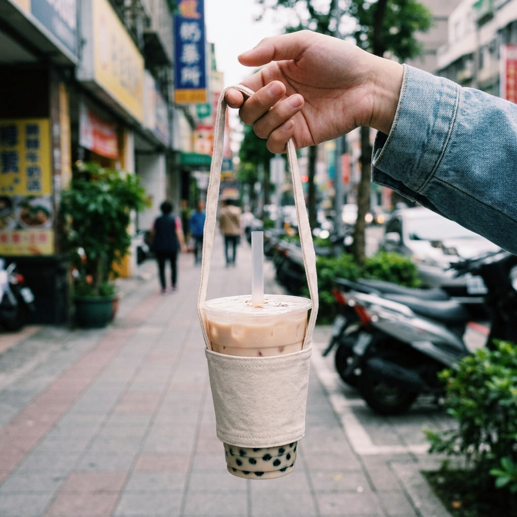 帆布飲料杯袋飲料袋飲料提袋，可客製印製企業 LOGO 的飲料提袋，手提裝著珍珠奶茶的帆布杯袋走在城市街頭的日常情境｜以泰禮品
