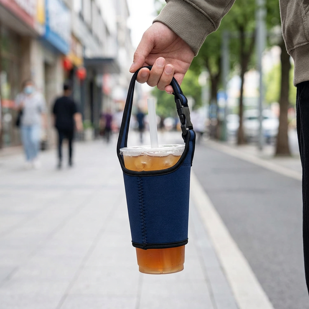 潛水布飲料提袋飲料袋(無底)，可客製印製企業 LOGO 的飲料提袋，彈性潛水布包覆冰涼手搖飲、手提走在騎樓下的情境｜以泰禮品