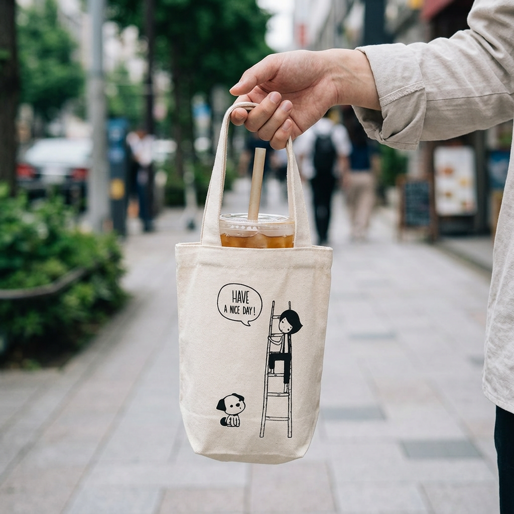 環保帆布杯袋（有底無側款），可客製印製企業 LOGO 的飲料提袋，有底帆布杯袋裝著咖啡外帶杯拿在手上的通勤情境｜以泰禮品