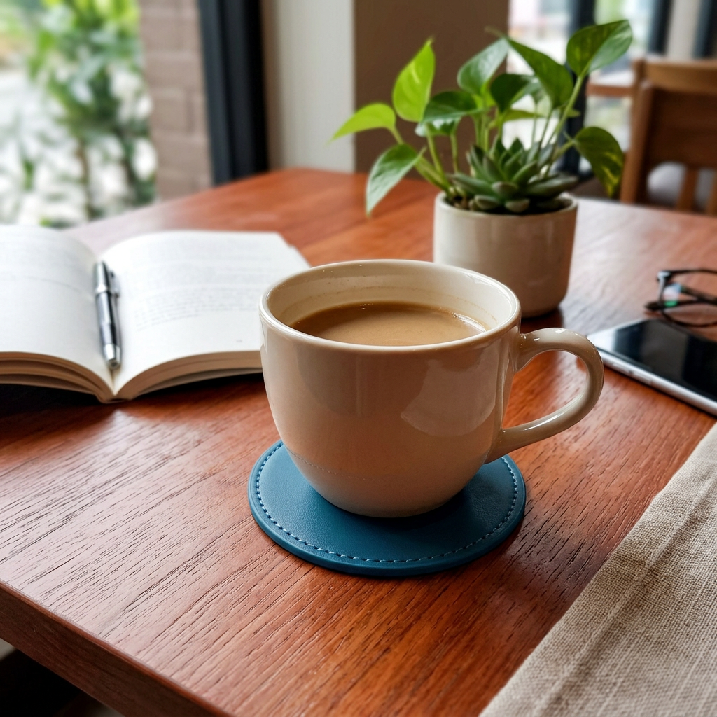 PU杯墊，可客製印製企業 LOGO 的杯墊，PU皮革杯墊上放著咖啡杯擺在會議桌上的商務情境｜以泰禮品
