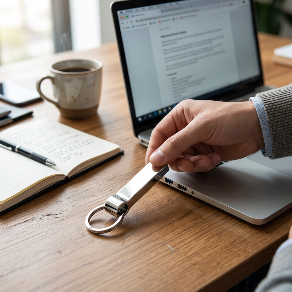 金屬亮面隨身碟，可客製印製企業 LOGO 的隨身碟，亮面金屬隨身碟插在筆電側邊傳輸資料的商務辦公情境｜以泰禮品