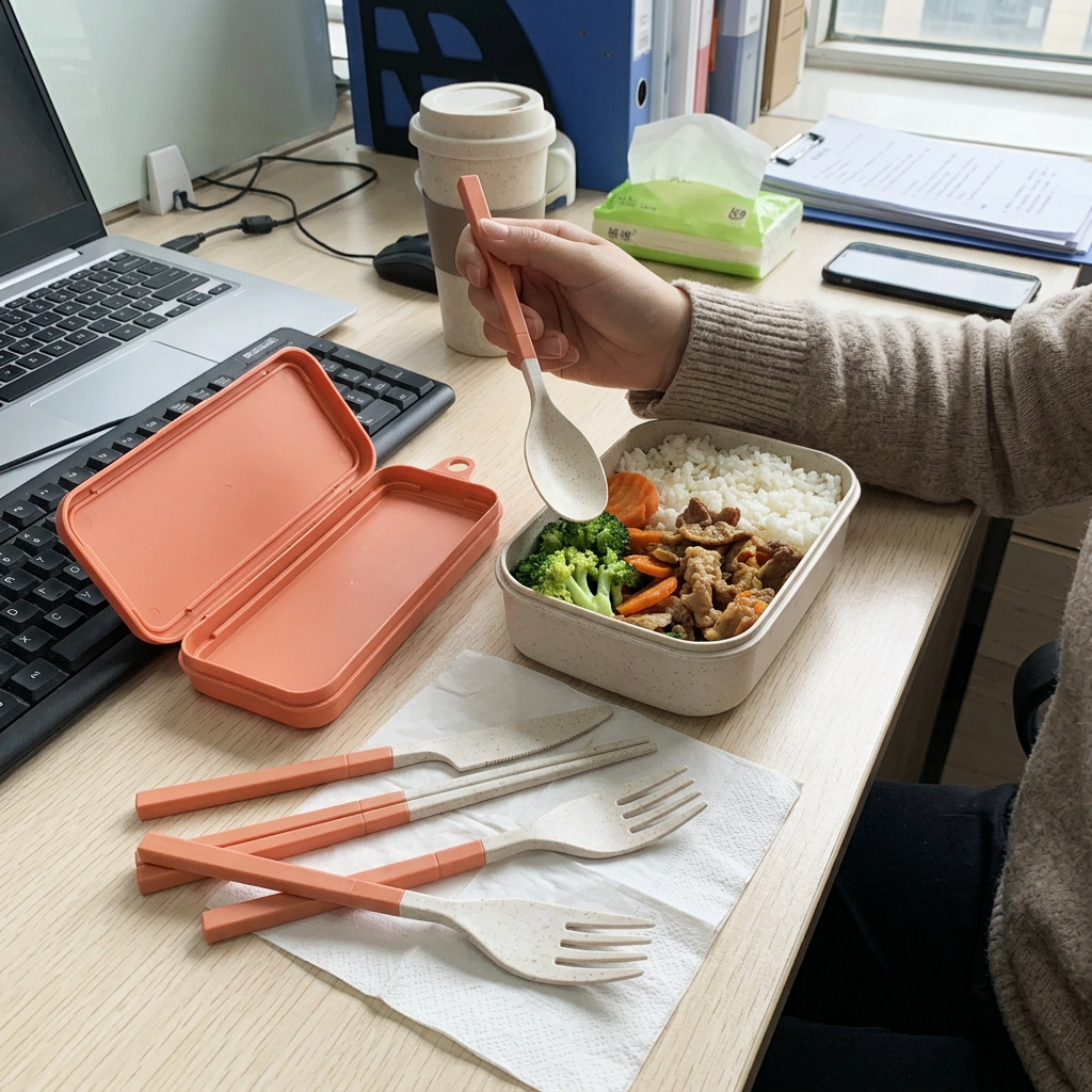 小麥環保餐具四件組，可客製印製企業 LOGO 的環保餐具，小麥秸稈餐具組攤開在野餐墊上搭配便當使用的情境｜以泰禮品