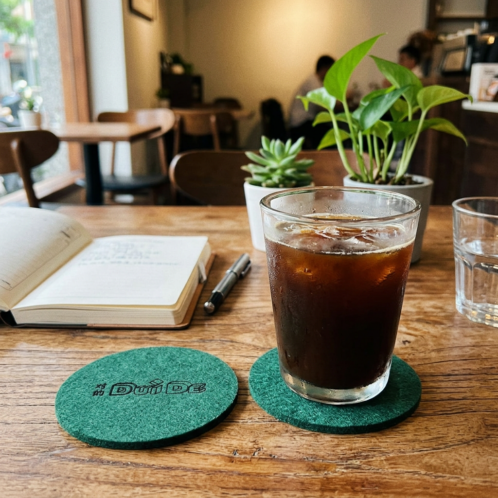 毛氈造型杯墊，可客製印製企業 LOGO 的杯墊，造型毛氈杯墊墊著熱茶杯放在居家書桌上的溫暖情境｜以泰禮品