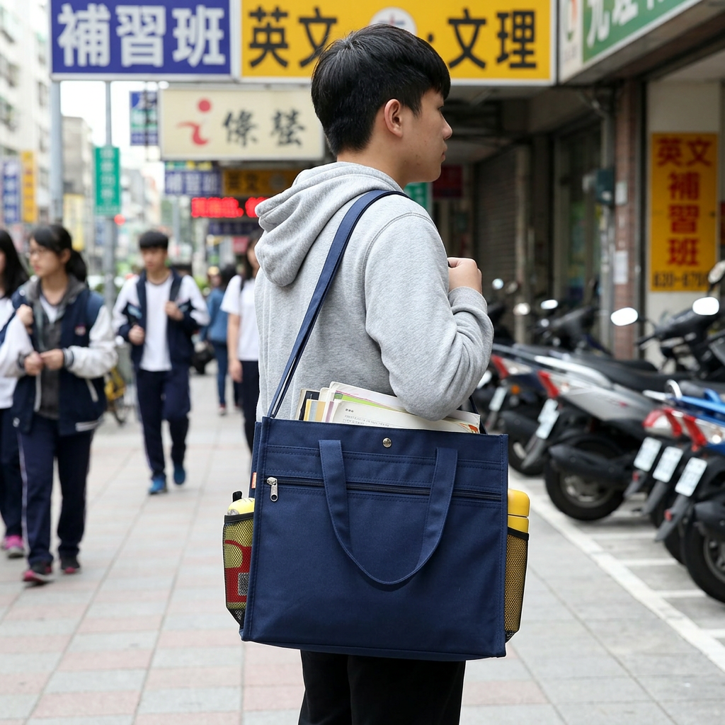 補習班牛津布肩背購物袋，可客製印製企業 LOGO 的補習班書包，學生肩背牛津布袋裝著講義課本走進教室的情境｜以泰禮品