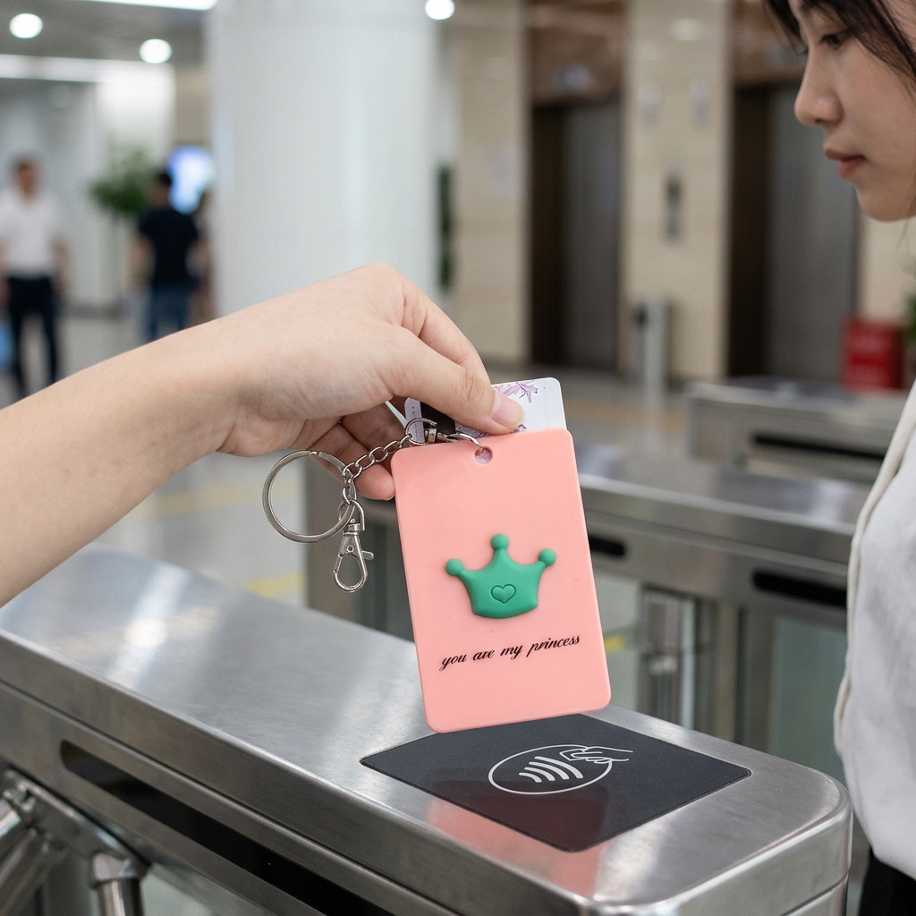 3D立體卡套，可客製印製企業 LOGO 的卡套，立體造型卡套裝著悠遊卡掛在包包上刷卡進站的通勤情境｜以泰禮品