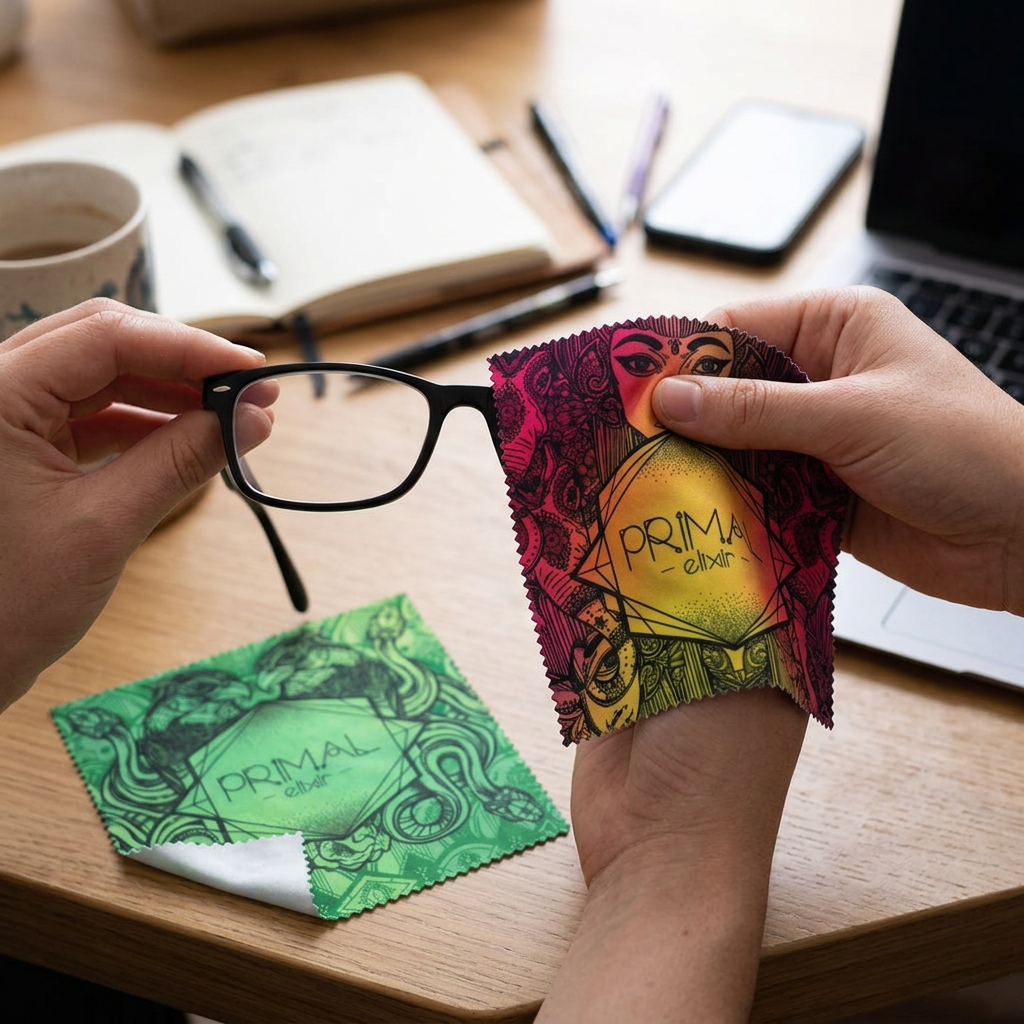 彩色眼鏡布，可客製印製企業 LOGO 的活動贈品，用彩色眼鏡布擦拭鏡片放在眼鏡行櫃檯上的情境｜以泰禮品