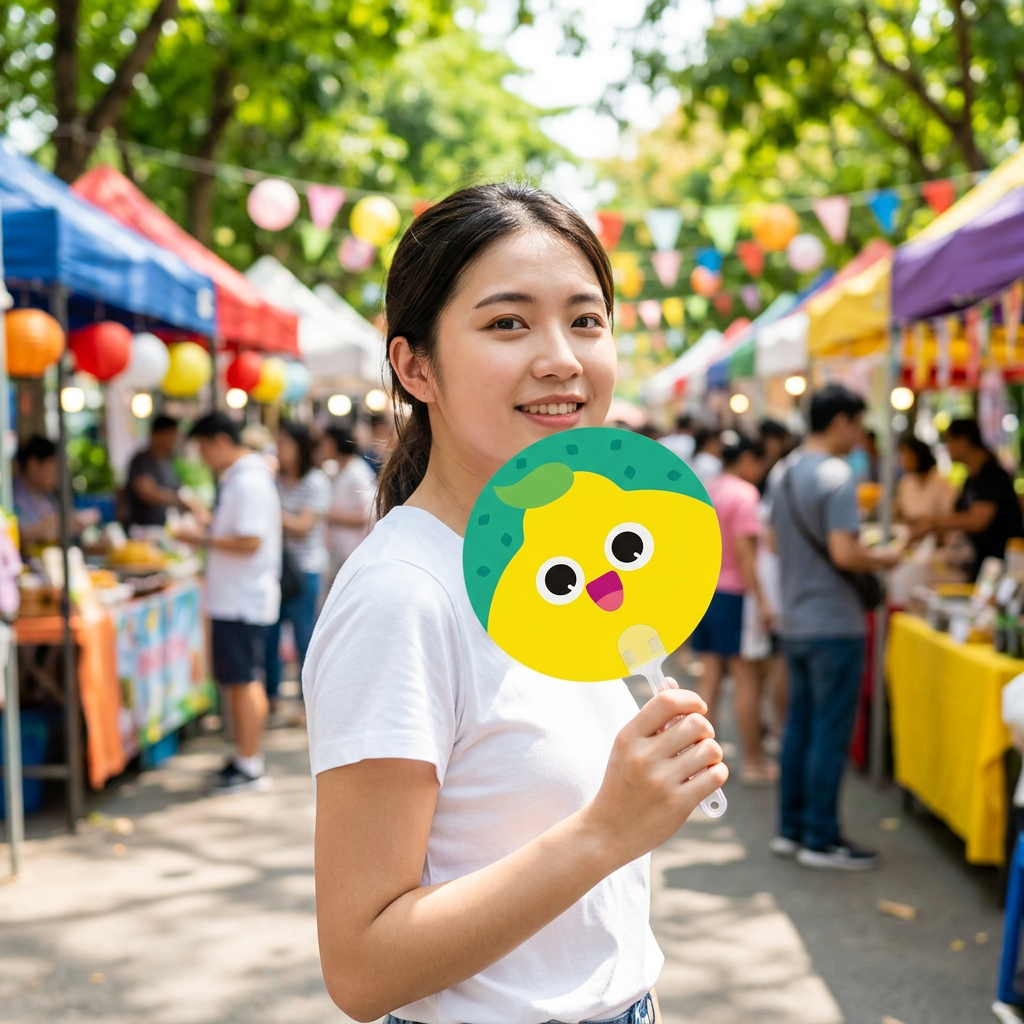 造型廣告扇，可客製印製企業 LOGO 的廣告扇，造型扇面印上品牌圖案在演唱會與市集手持搧風的情境｜以泰禮品