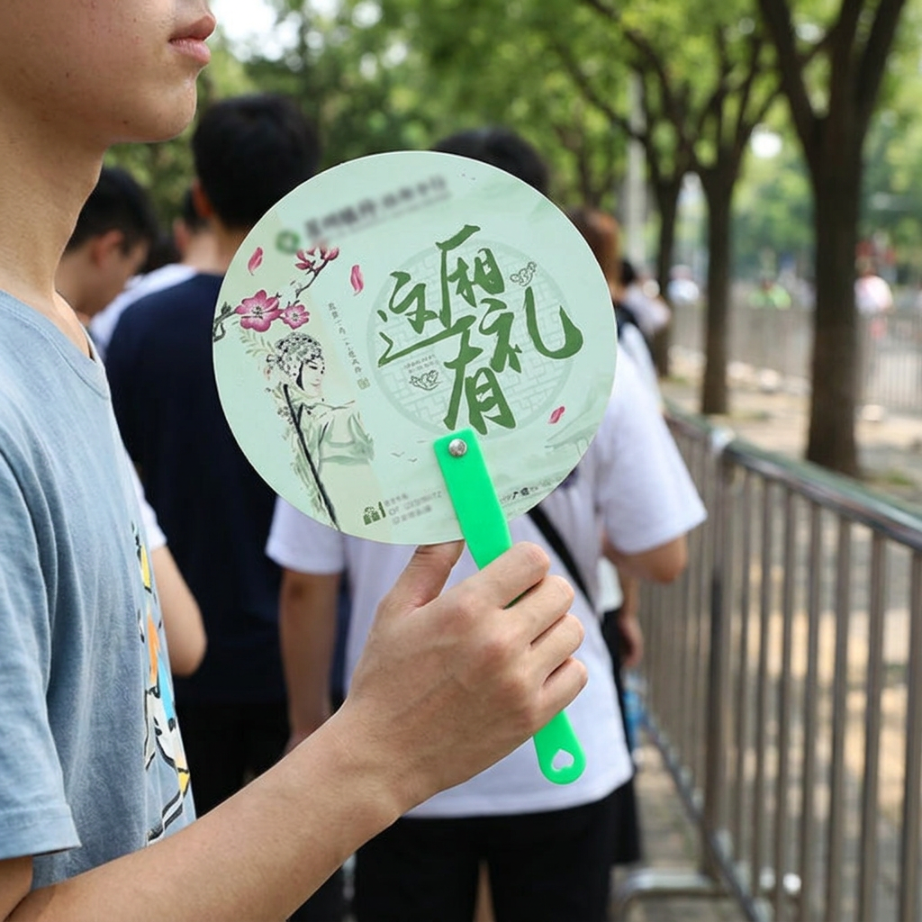 廣告扇，可客製印製企業 LOGO 的廣告扇，在戶外園遊會發放並手持搧風的夏季宣傳活動情境｜以泰禮品