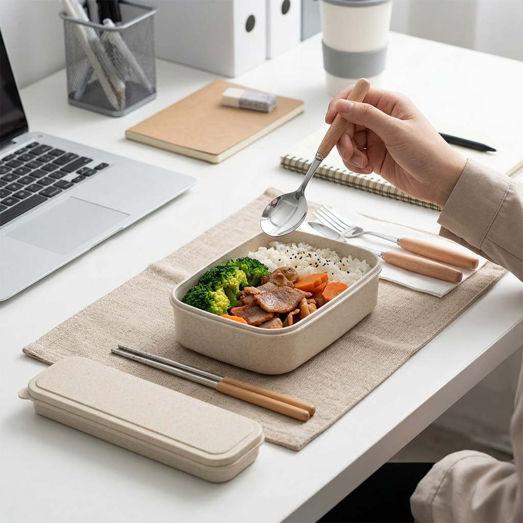 小麥木質不鏽鋼環保餐具3件套，可客製印製企業 LOGO 的環保餐具，木柄不鏽鋼餐具組放在野餐籃與便當旁的戶外情境｜以泰禮品