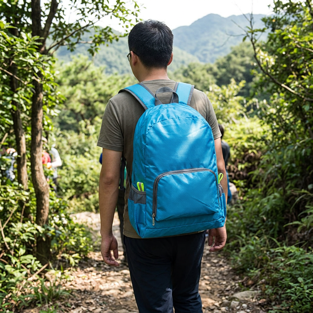 戶外雙肩摺疊背包，可客製印製企業 LOGO 的旅遊贈品，出遊時從小收納袋展開成後背包、在郊外步道上輕裝健行使用｜以泰禮品