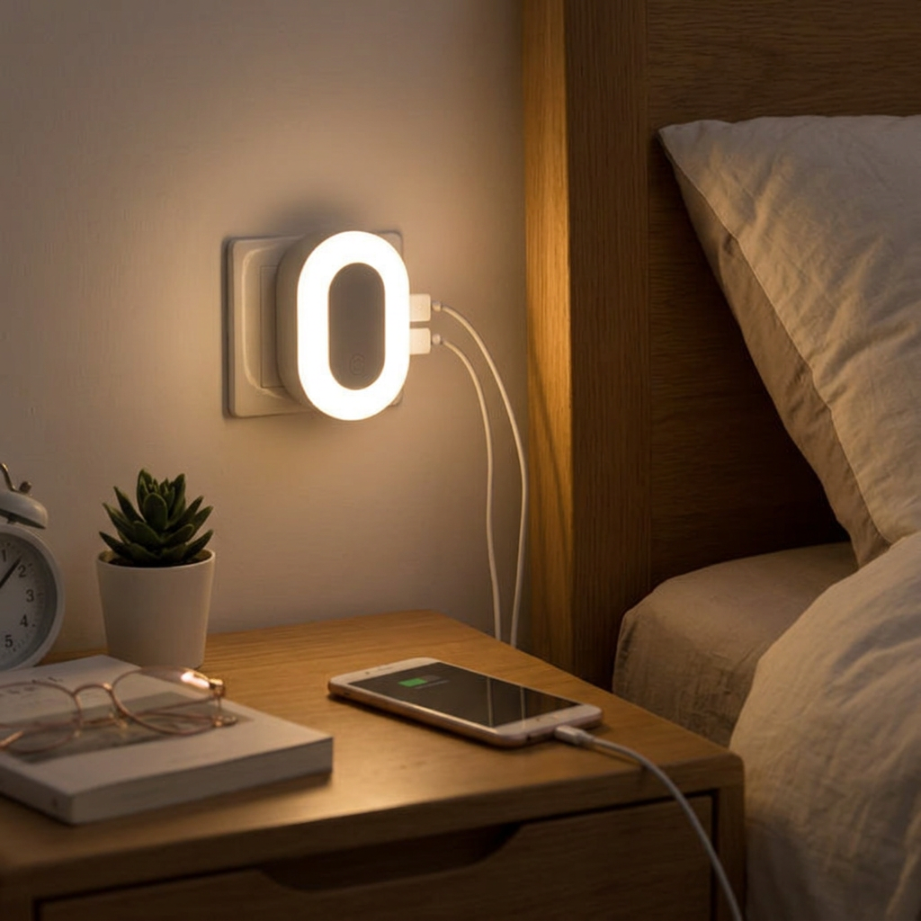 小夜燈雙USB充電器，可客製印製企業 LOGO 的科技贈品，插在臥室牆面插座上同時為兩支手機充電並亮起柔和夜燈｜以泰禮品