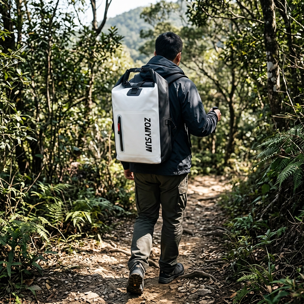徒步旅行登山包，可客製印製企業 LOGO 的戶外背包，登山客背著走在山稜步道上、可裝水袋與外套的大容量登山包｜以泰禮品