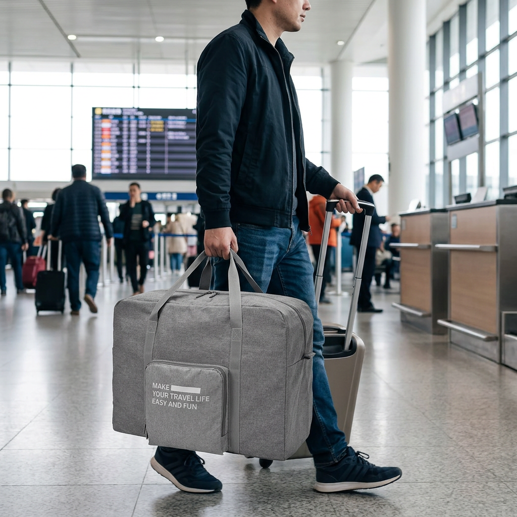 牛仔摺疊行李箱包，可客製印製企業 LOGO 的旅行袋，套在行李箱拉桿上推著走過機場大廳的牛仔布摺疊行李包｜以泰禮品