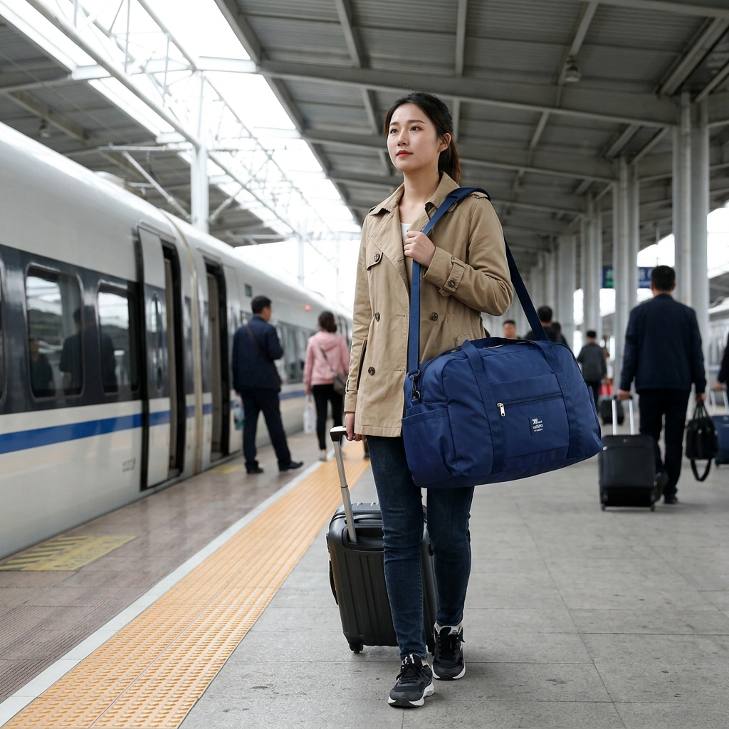簡約旅行袋，可客製印製企業 LOGO 的旅遊贈品，出差旅客提著走進高鐵車廂、外型簡約大容量的手提旅行袋｜以泰禮品