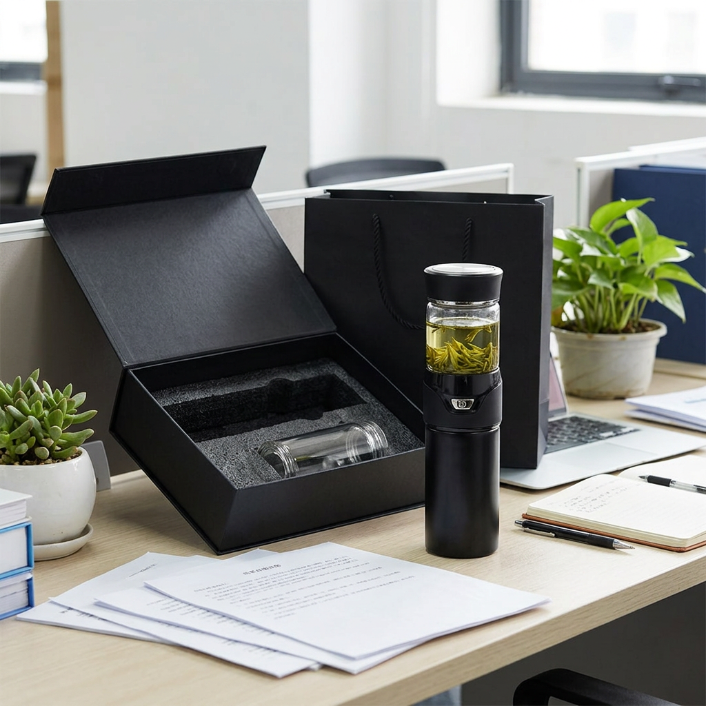 不銹鋼茶水分離保溫杯禮盒組，可客製印製企業 LOGO 的保溫杯禮盒，在辦公桌上泡著高山茶、濾網讓茶葉與茶湯分離的保溫杯｜以泰禮品