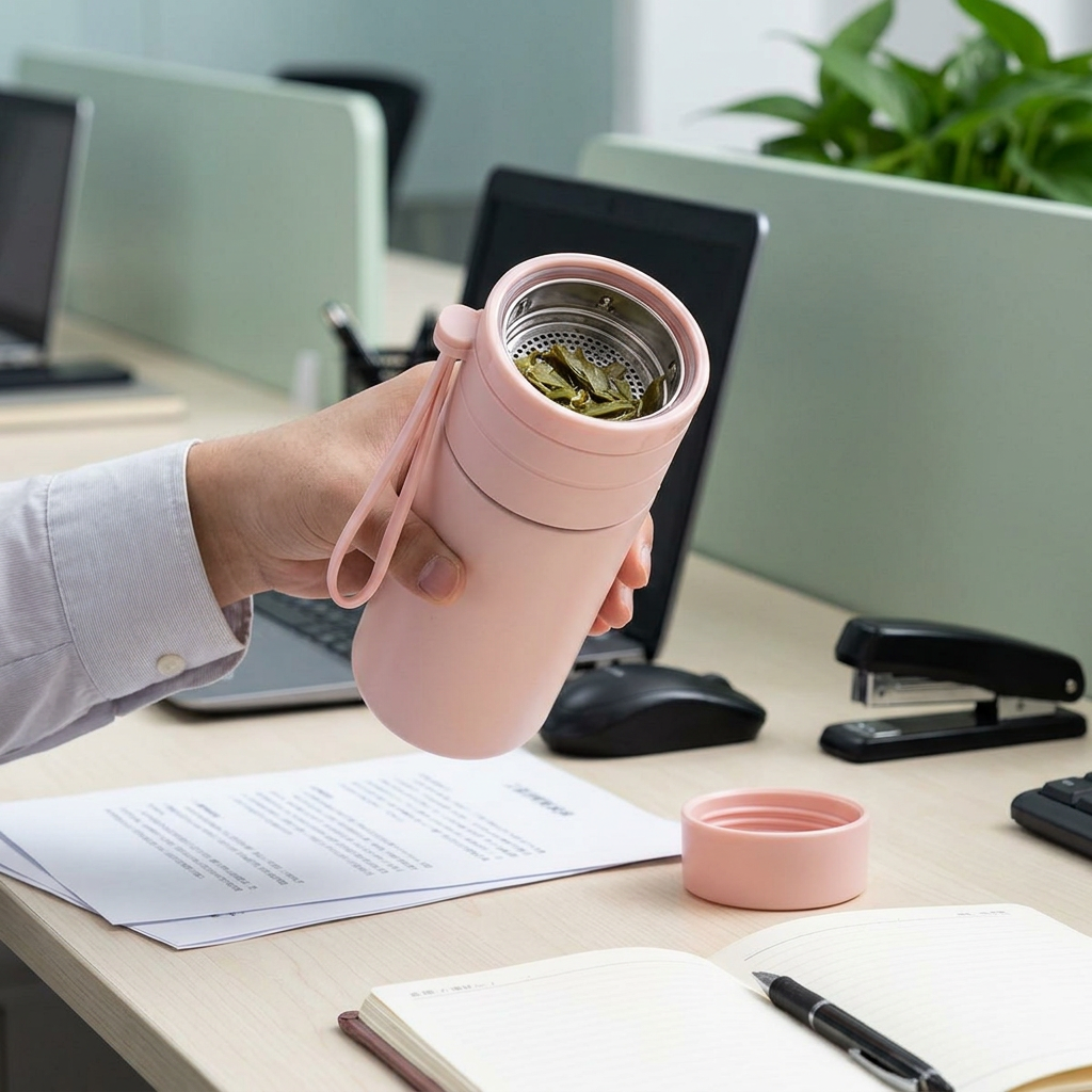 不鏽鋼茶水分離保溫杯便攜水杯，可客製印製企業 LOGO 的保溫杯，辦公桌上取出濾網泡著烏龍茶的茶水分離保溫杯｜以泰禮品