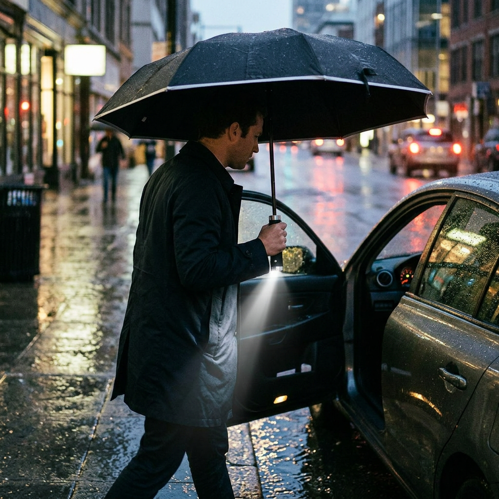 全自動LED燈折疊反向傘車用三折晴雨傘，可客製印製企業 LOGO 的雨傘，雨夜下車時打開亮起LED燈的反向折疊傘｜以泰禮品