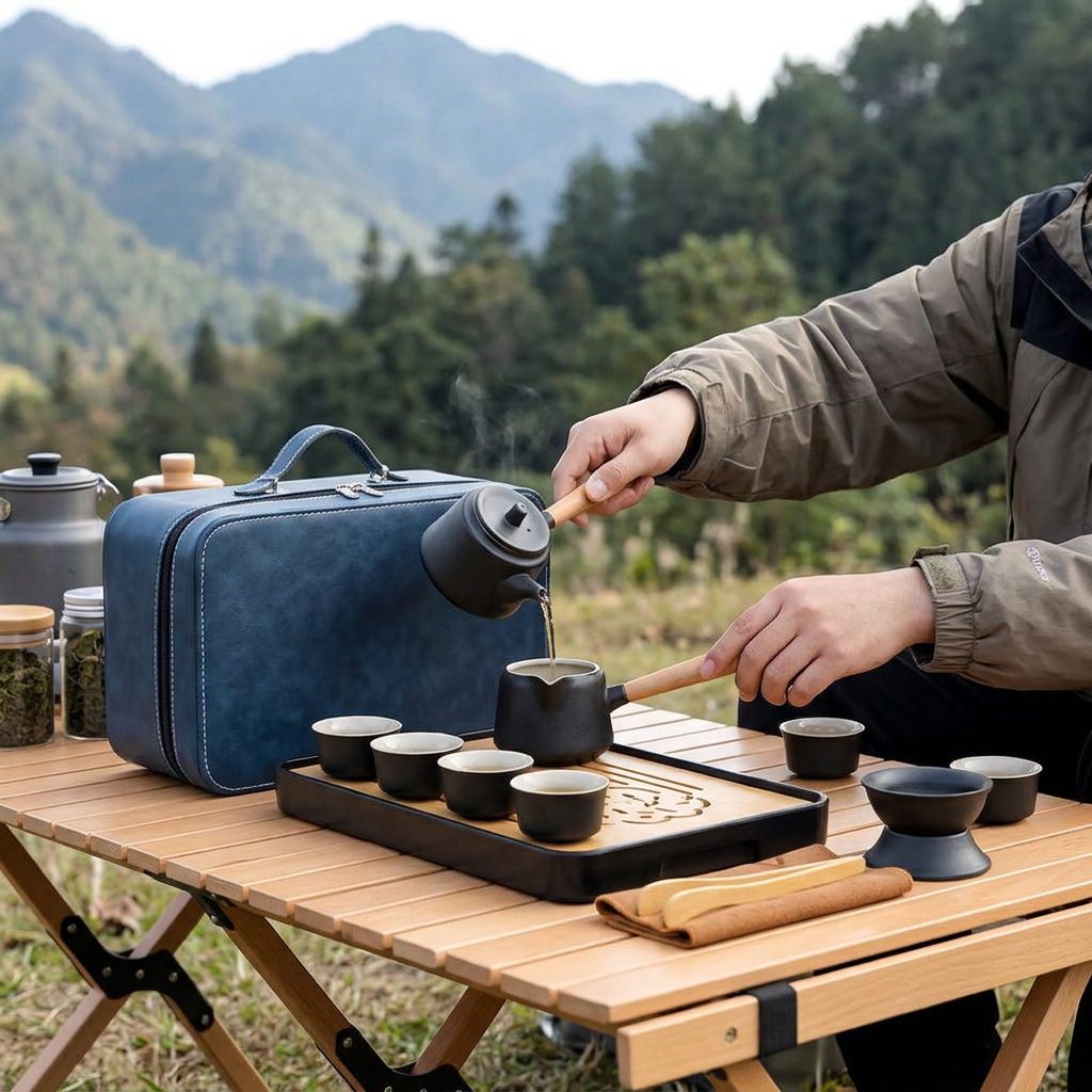 便攜式旅行茶具禮盒，可客製印製企業 LOGO 的茶具禮盒，露營時在戶外木桌上展開、用隨身茶壺與茶杯泡茶的旅行茶具組｜以泰禮品