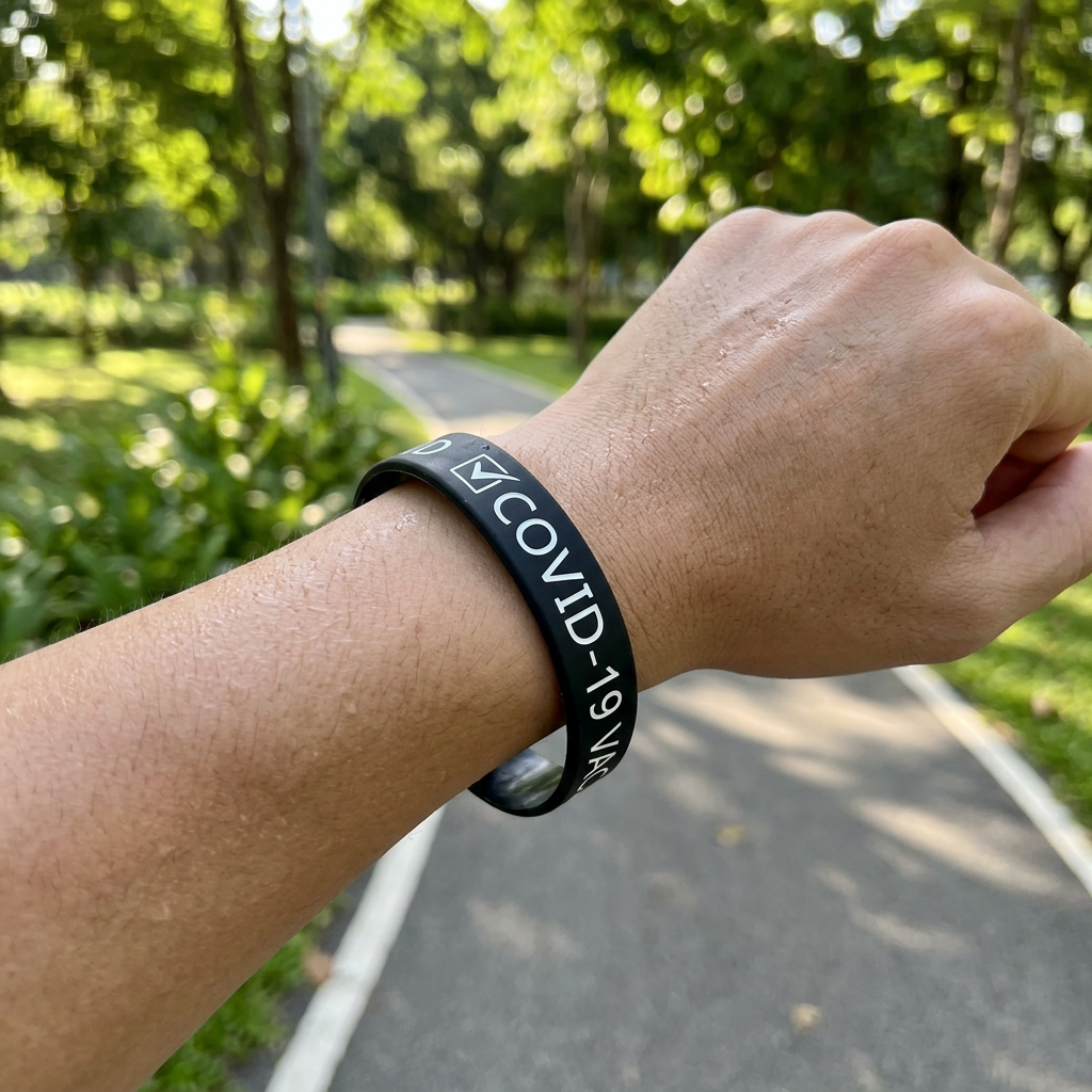 運動手環，可客製印製企業 LOGO 的科技贈品，晨跑時手腕上的運動手環顯示步數與心率數據｜以泰禮品