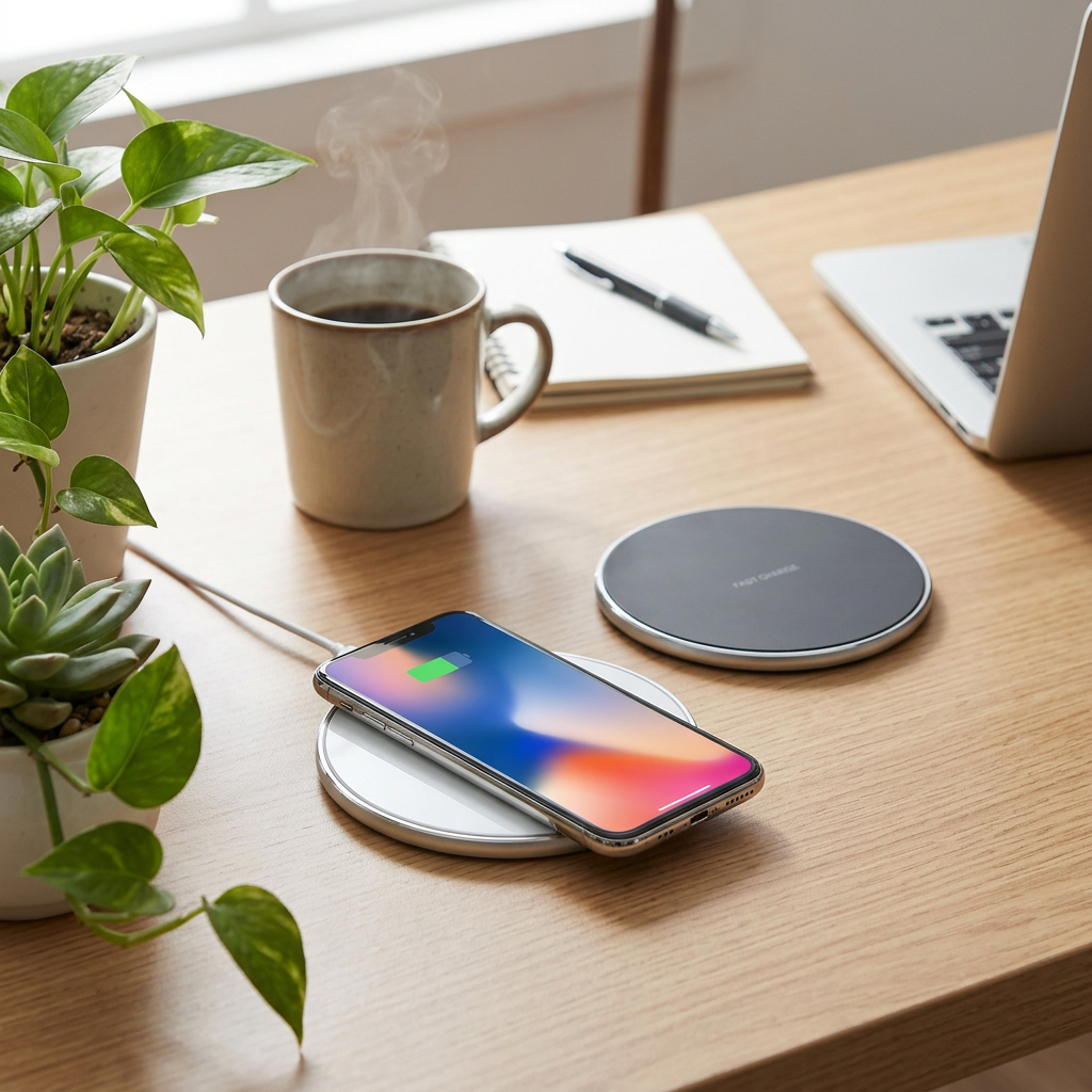 輕巧快充無線充電盤，可客製印製企業 LOGO 的科技贈品，辦公桌上手機平放在輕薄無線充電盤上快速充電的畫面｜以泰禮品
