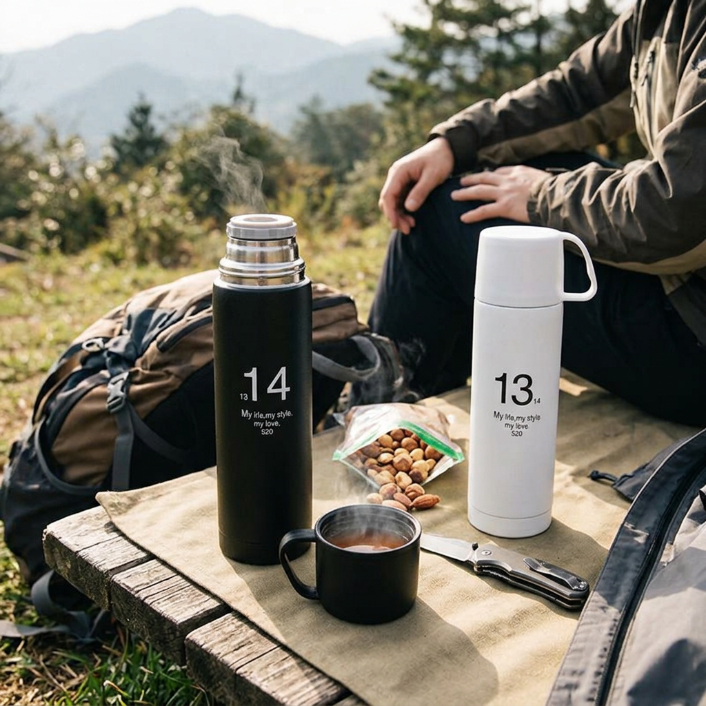 帶杯不鏽鋼真空保溫水樽，可客製印製企業 LOGO 的保溫瓶，冬日戶外旋開杯蓋倒出熱茶冒著熱氣的真空保溫瓶｜以泰禮品