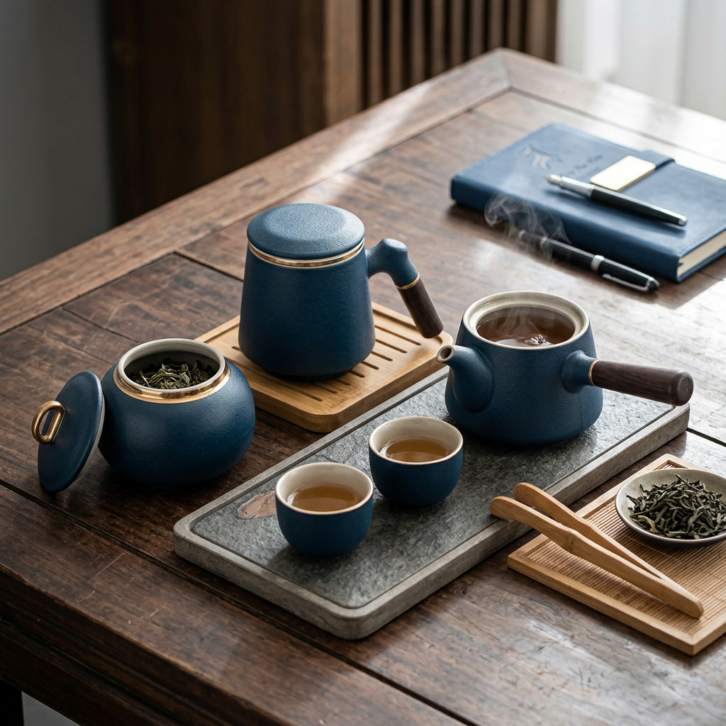 高級茶具五件組，可客製印製企業 LOGO 的企業禮盒，茶桌上以茶壺為客人斟茶的高級茶具五件組待客畫面｜以泰禮品
