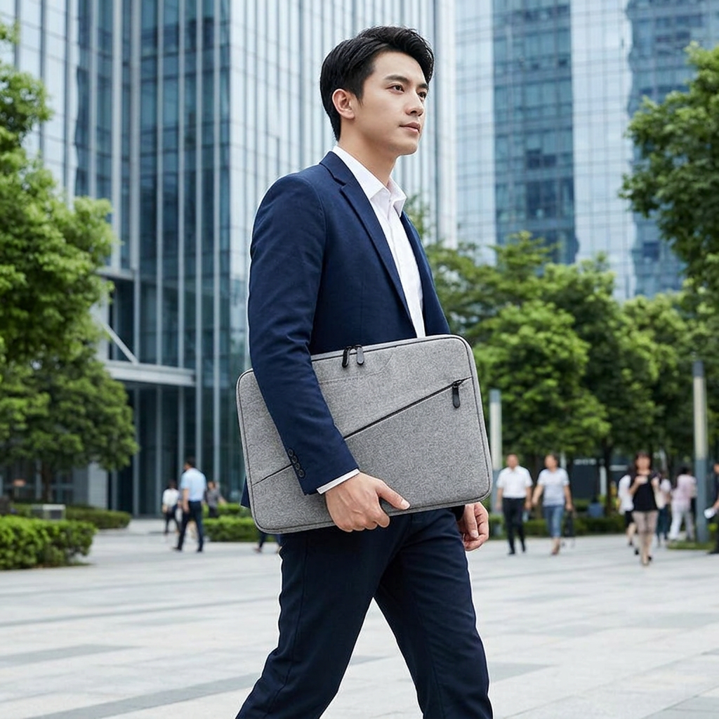 簡約手提電腦包，可客製印製企業 LOGO 的商務包袋，上班族在捷運月台提著裝有筆電與文件的簡約電腦包｜以泰禮品