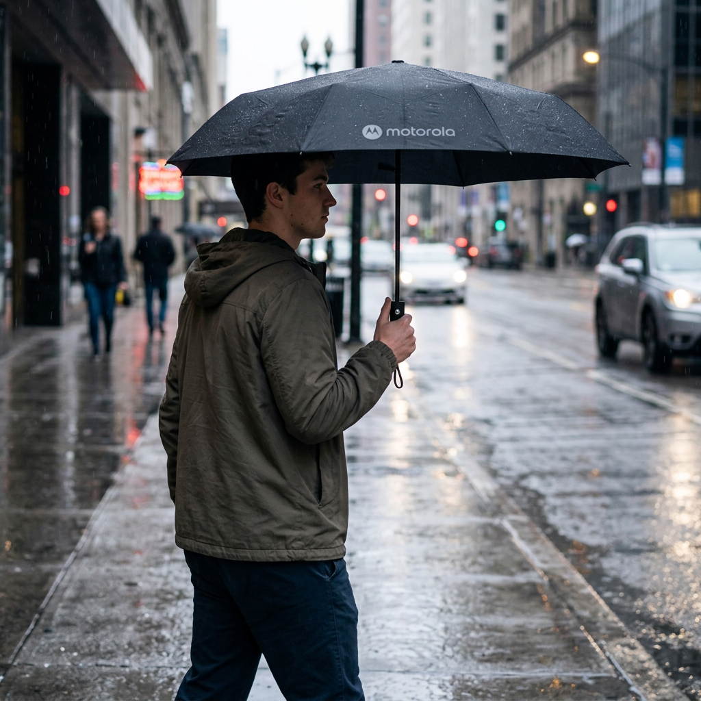 8骨摺疊自動傘，可客製印製企業 LOGO 的雨傘贈品，雨天在辦公大樓門口一鍵自動撐開的8骨摺疊傘｜以泰禮品