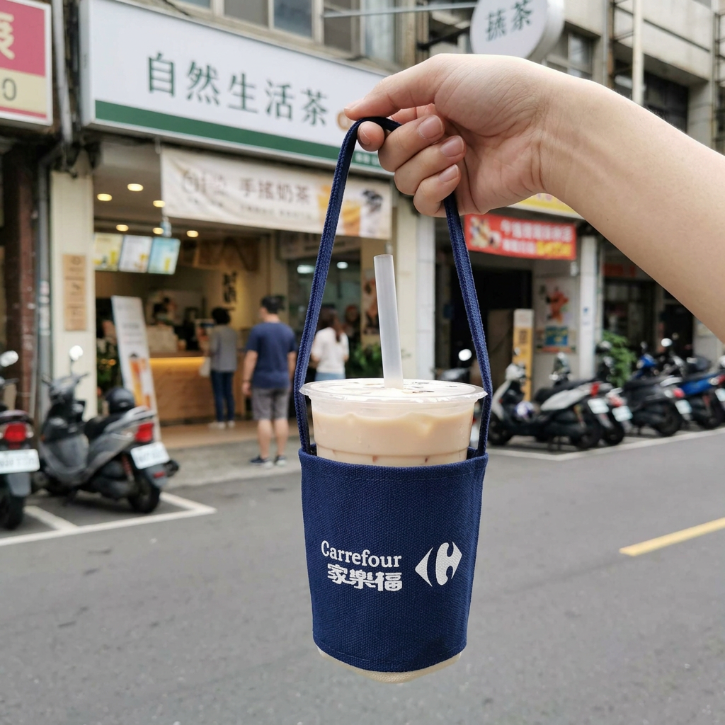 帆布飲料杯袋飲料袋飲料提袋，可客製印製企業 LOGO 的飲料提袋，手提裝著手搖飲的帆布杯袋走在街頭｜以泰禮品