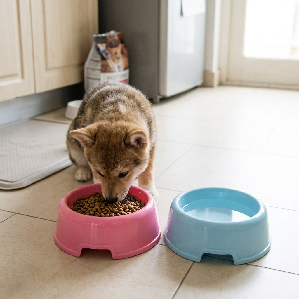 寵物塑料飼料盆，可客製印製企業 LOGO 的寵物用品，客廳地板上小狗低頭吃著塑料飼料盆裡的乾糧｜以泰禮品