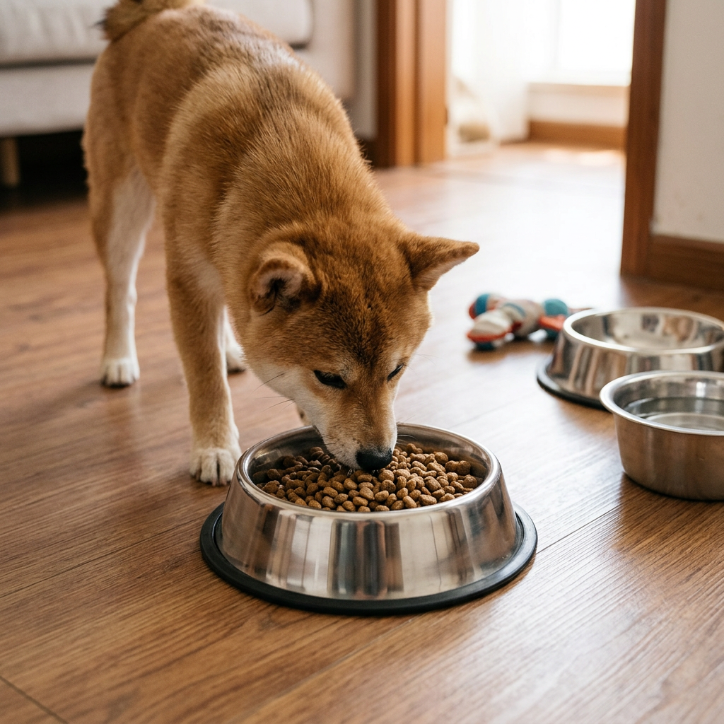 304不鏽鋼寵物塑料飼料盆，可客製印製企業 LOGO 的寵物用品，貓咪在廚房角落從304不鏽鋼內碗飼料盆中進食｜以泰禮品
