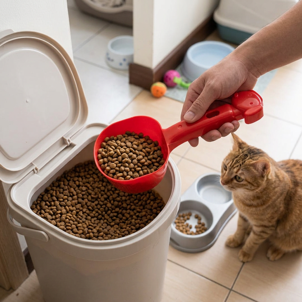 寵物飼料鏟，可客製印製企業 LOGO 的寵物用品，飼主用飼料鏟從飼料桶舀出乾糧倒進寵物碗中｜以泰禮品