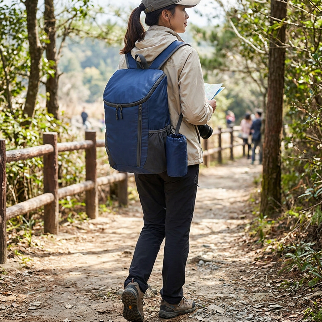 雙肩背包男女運動戶外旅行旅遊摺疊背包，可客製印製企業 LOGO 的企業禮贈品，旅人背著它在海邊景點旅遊的情境｜以泰禮品