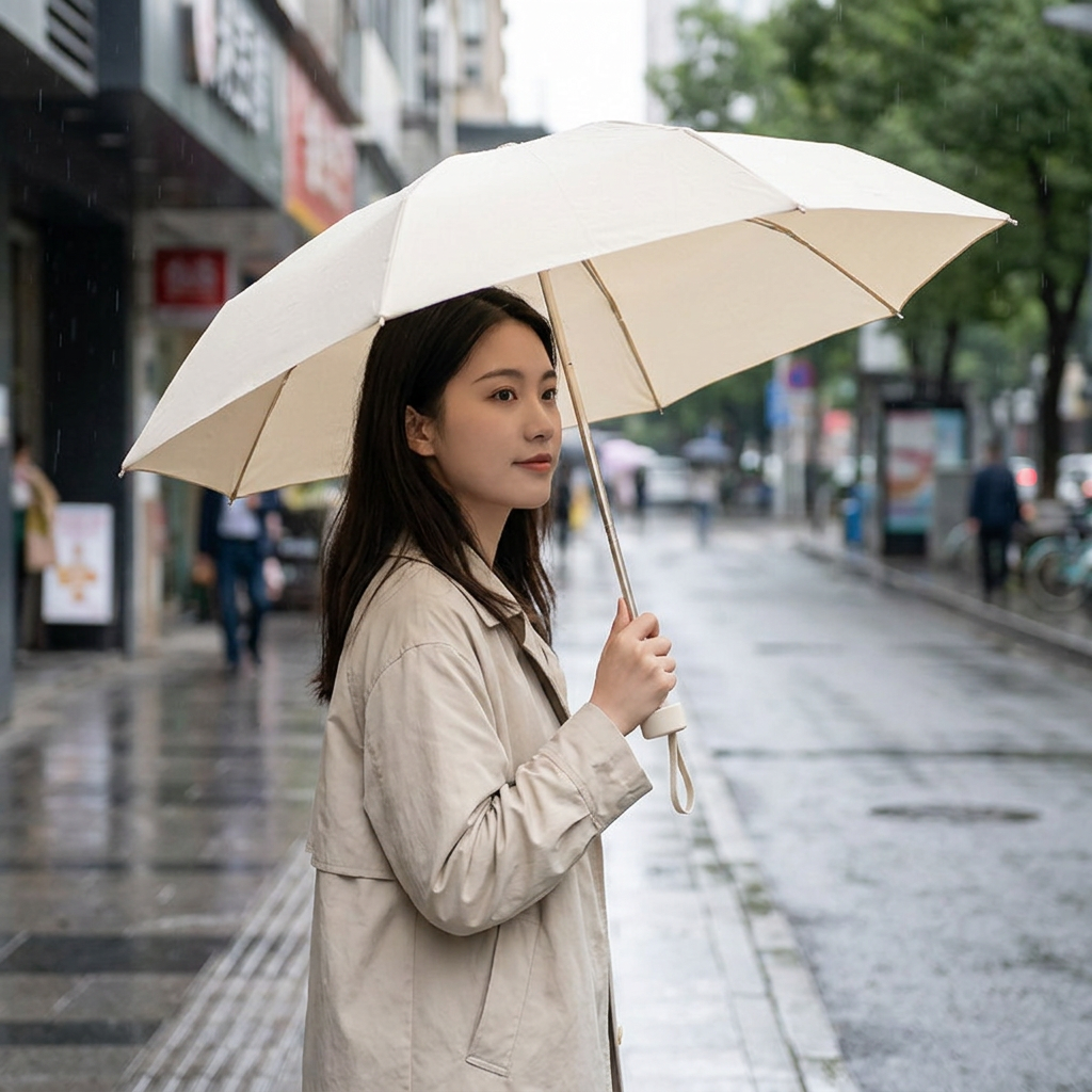 膠囊雨傘，可客製印製企業 LOGO 的晴雨傘贈品，從包包取出膠囊大小的摺疊傘在雨中街頭撐開的通勤情境｜以泰禮品