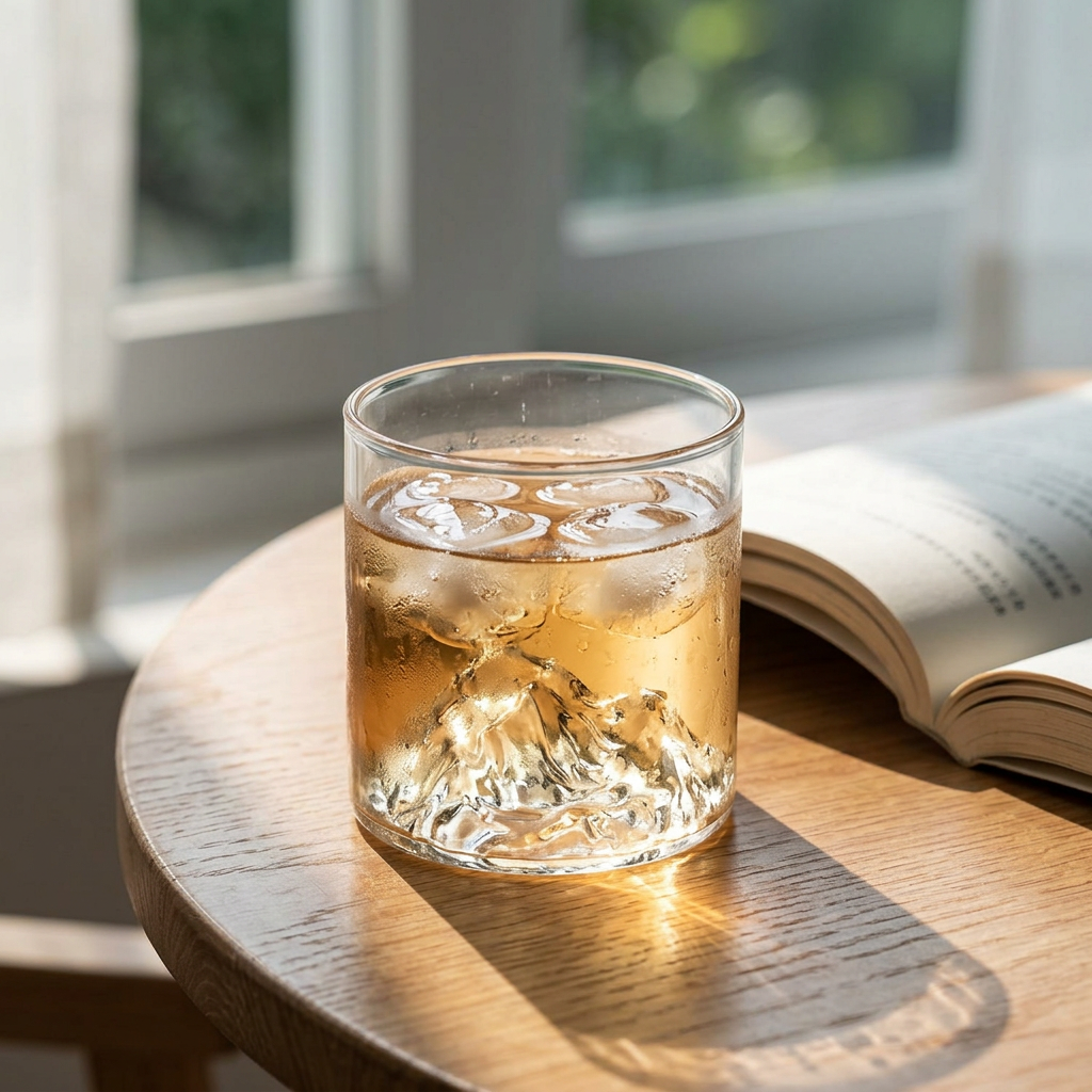 觀山玻璃杯，可客製印製企業 LOGO 的山形杯底玻璃杯，倒入威士忌與冰塊放在窗邊木桌上的品飲情境｜以泰禮品