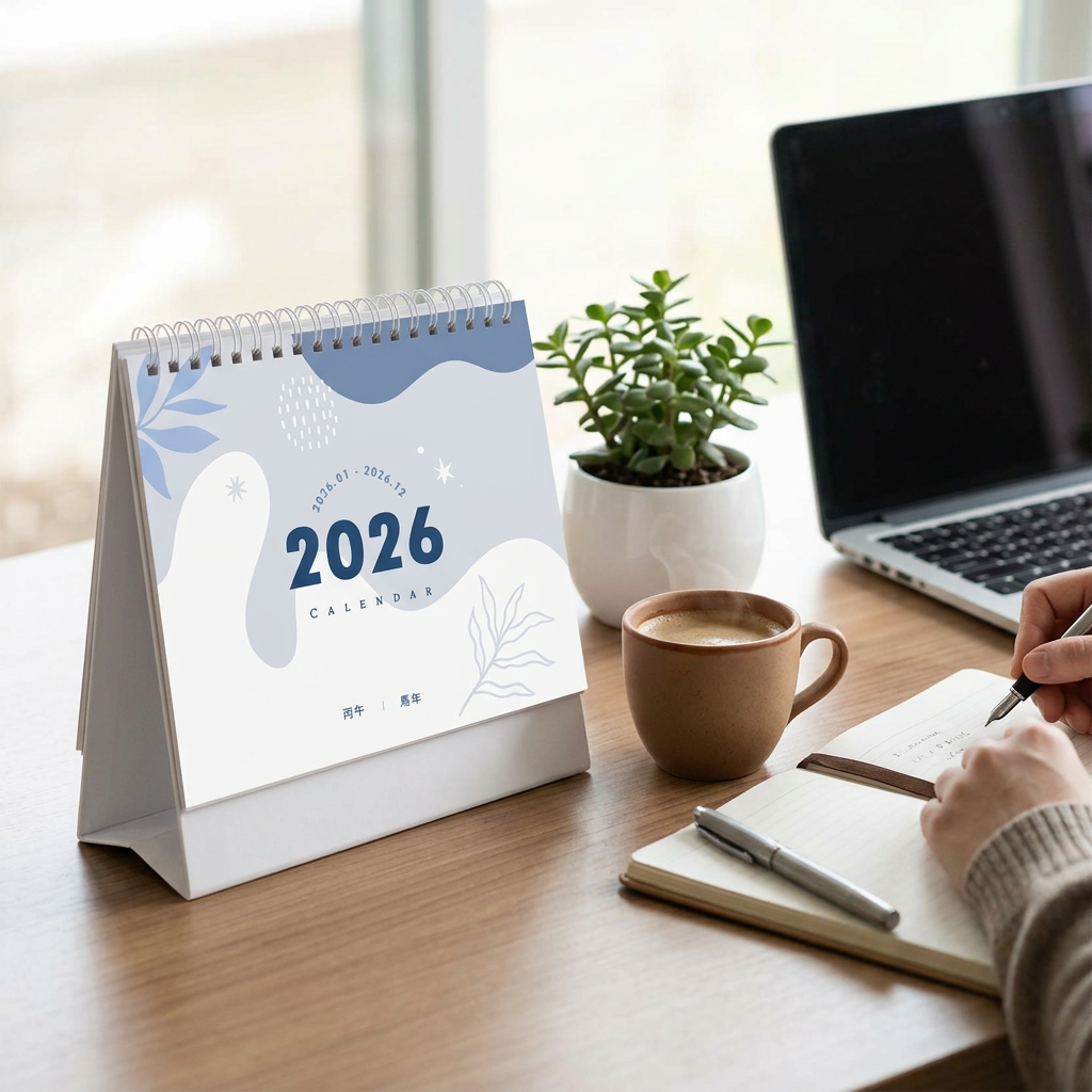 2026年迎春桌曆，可客製印製企業 LOGO 的企業年節禮贈品，立在辦公桌電腦旁標記行程與重要日期的情境｜以泰禮品