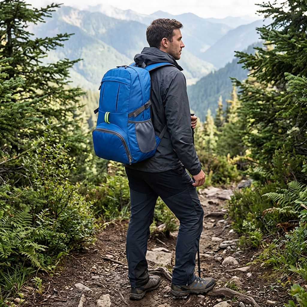 登山戶外折疊大容量後背包，可客製印製企業 LOGO 的登山背包贈品，裝滿水壺外套背上山頂步道遠眺山景的登山情境｜以泰禮品