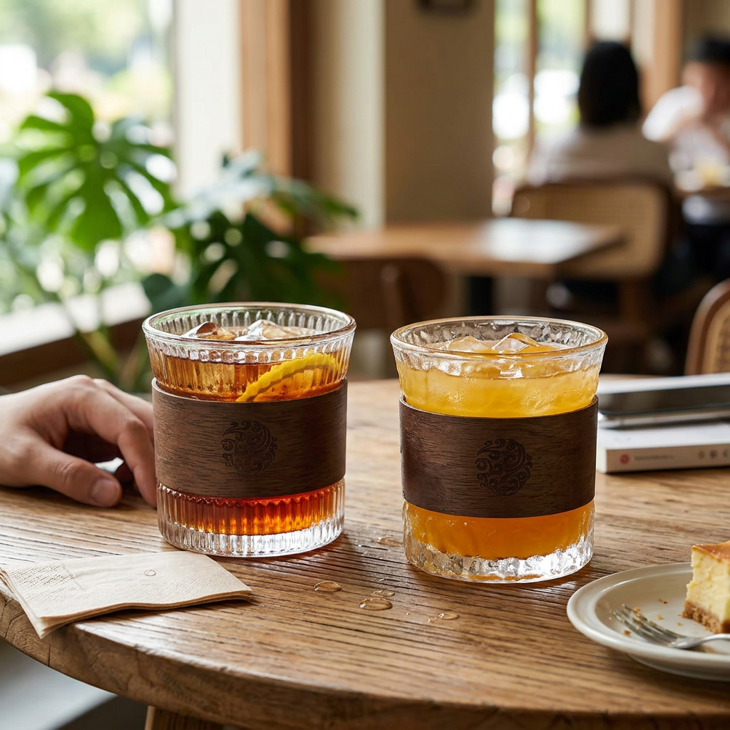 竹節玻璃杯，可客製印製企業 LOGO 的玻璃杯，竹節造型透明玻璃杯盛著冰檸檬茶放在木質餐桌上的夏日情境｜以泰禮品