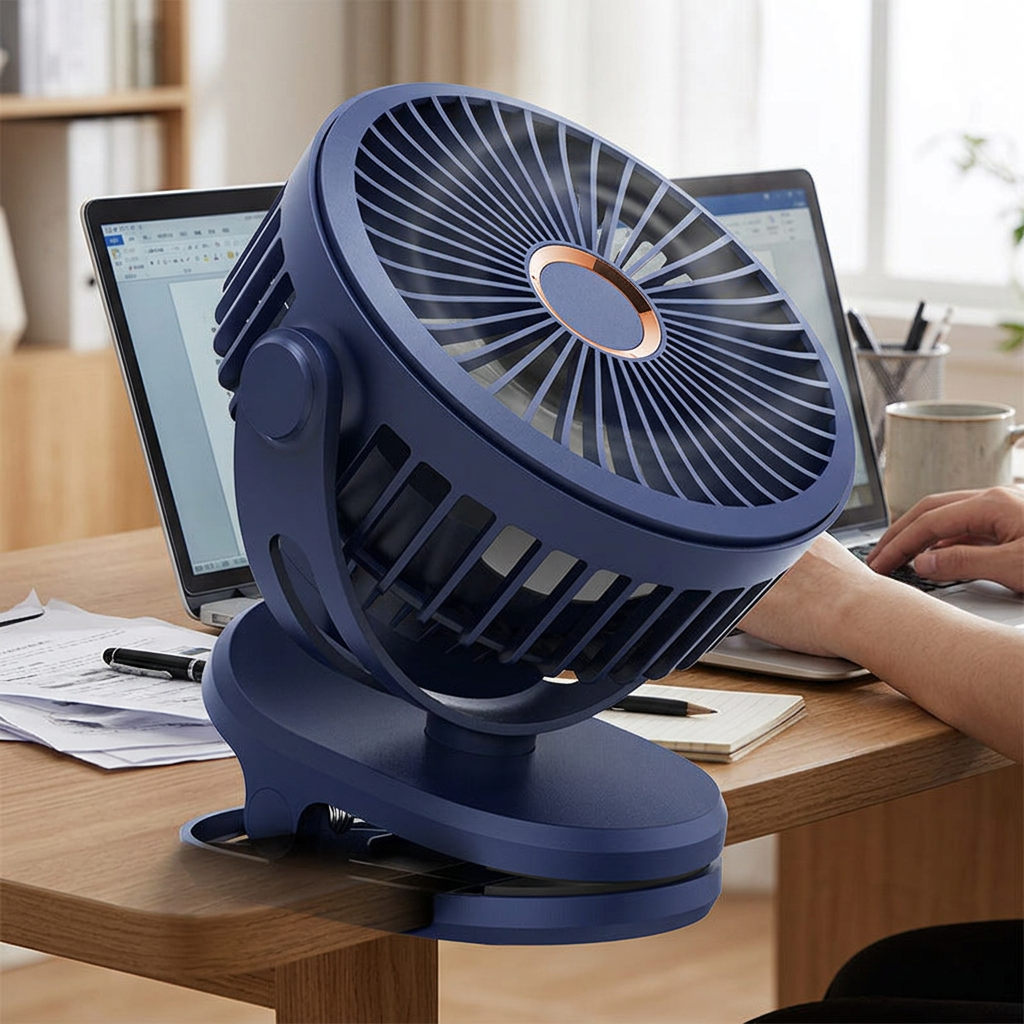 夾式電風扇，可客製印製企業 LOGO 的夏季活動贈品，夾在辦公桌邊或嬰兒車上吹出涼風的消暑使用情境｜以泰禮品