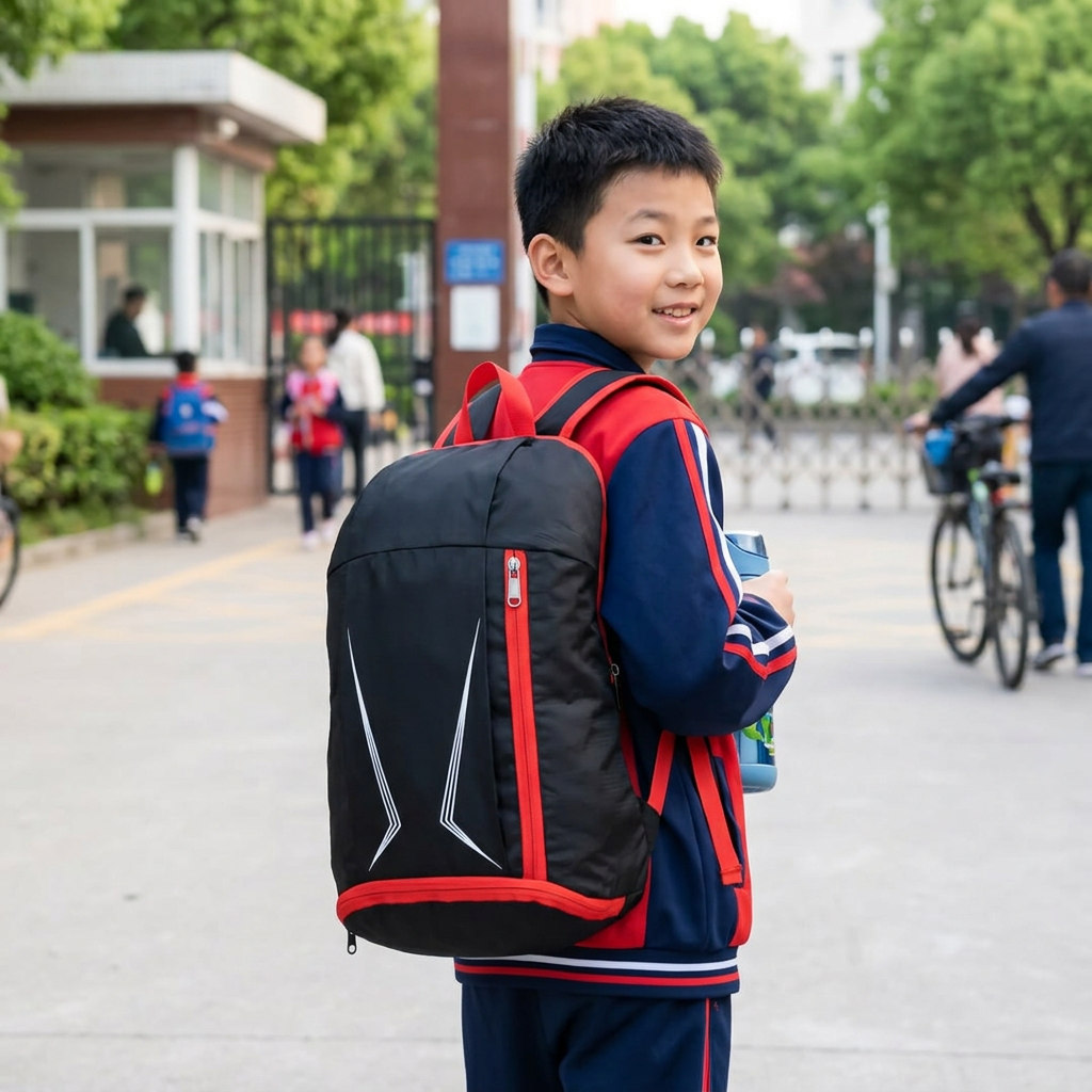 戶外可摺疊運動兒童學生書包，可客製印製企業 LOGO 的學生書包贈品，小學生背著輕便書包走在校園的上學情境｜以泰禮品