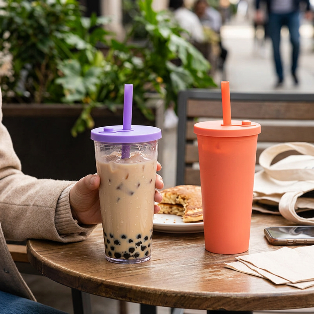 雙層塑料粗吸管杯，可客製印製企業 LOGO 的廣告杯，裝著珍珠奶茶搭配粗吸管放在書桌上的雙層吸管杯｜以泰禮品
