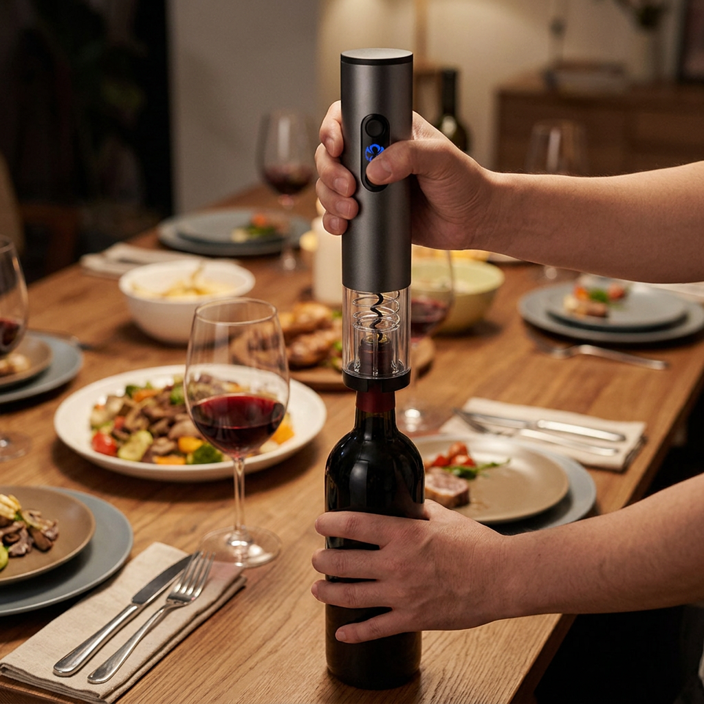 不鏽鋼自動紅酒開瓶器，可客製印製企業 LOGO 的商務禮贈品，在晚宴餐桌上一鍵電動開啟紅酒軟木塞的情境｜以泰禮品