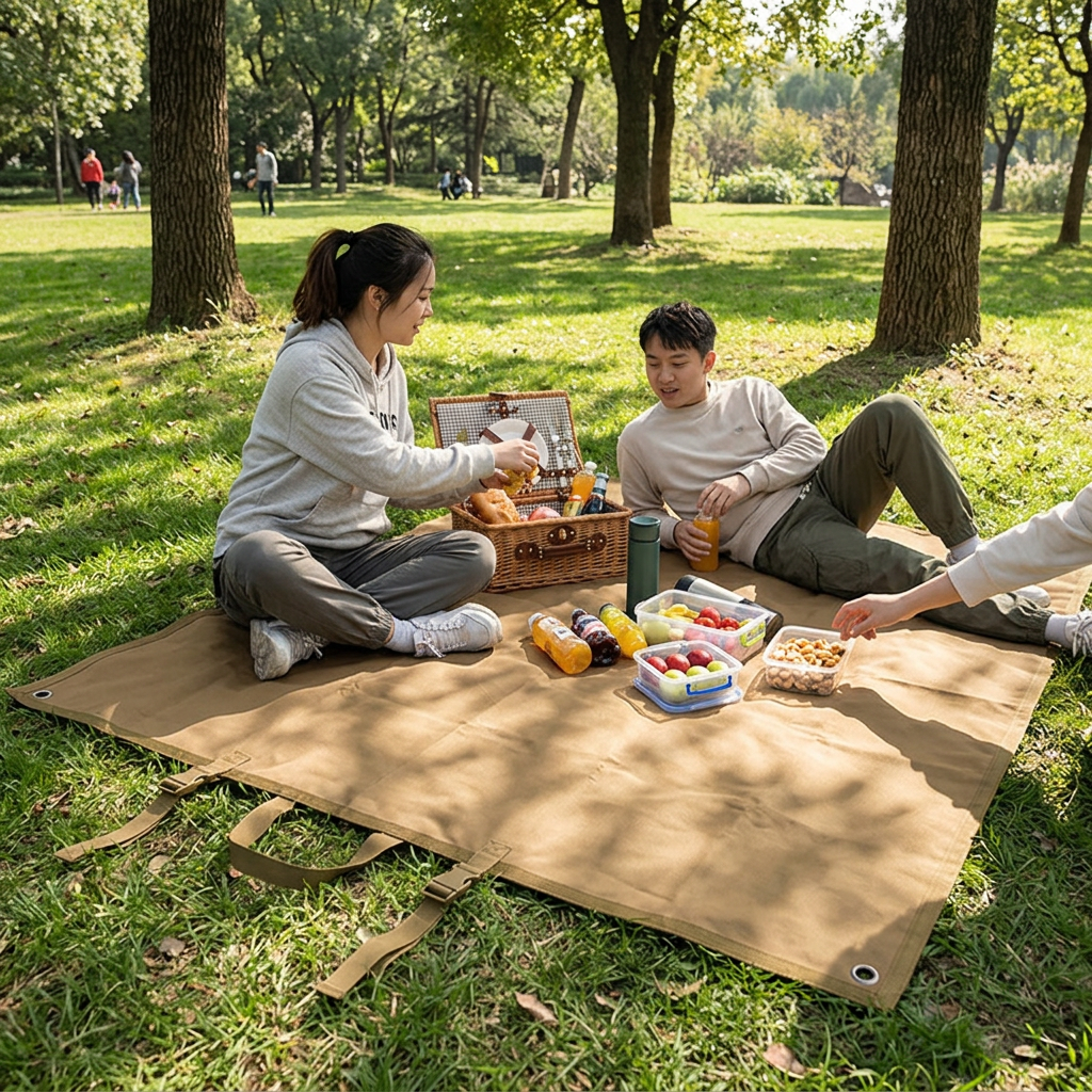 防潑水戶外露營墊，可客製印製企業 LOGO 的戶外贈品，公園草地上鋪開防潑水野餐墊擺放餐點與飲料｜以泰禮品
