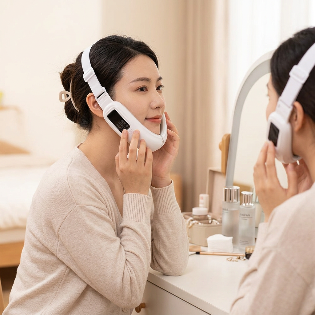 按摩瘦臉神器，可客製印製企業 LOGO 的美容活動贈品，睡前在梳妝台前用滾輪按摩臉部線條的保養情境｜以泰禮品