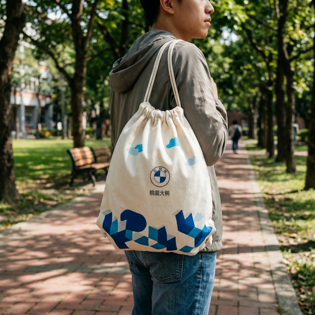 帆布束口袋，可客製印製企業 LOGO 的收納袋，旅行行李箱中分類裝著衣物與鞋子的帆布束口收納袋｜以泰禮品