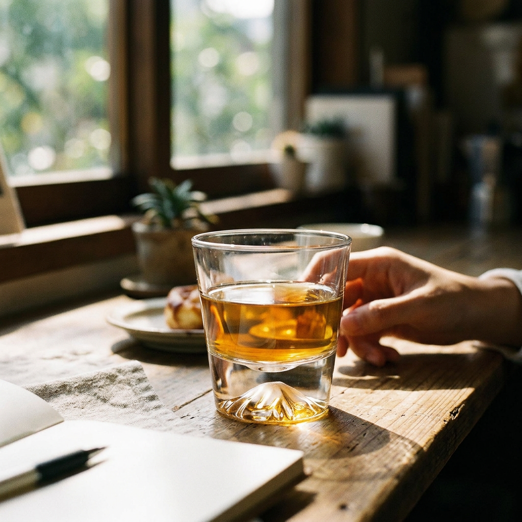 ins風富士山玻璃杯，可客製印製企業 LOGO 的玻璃杯贈品，杯底富士山造型盛著氣泡飲放在日系餐桌的情境｜以泰禮品