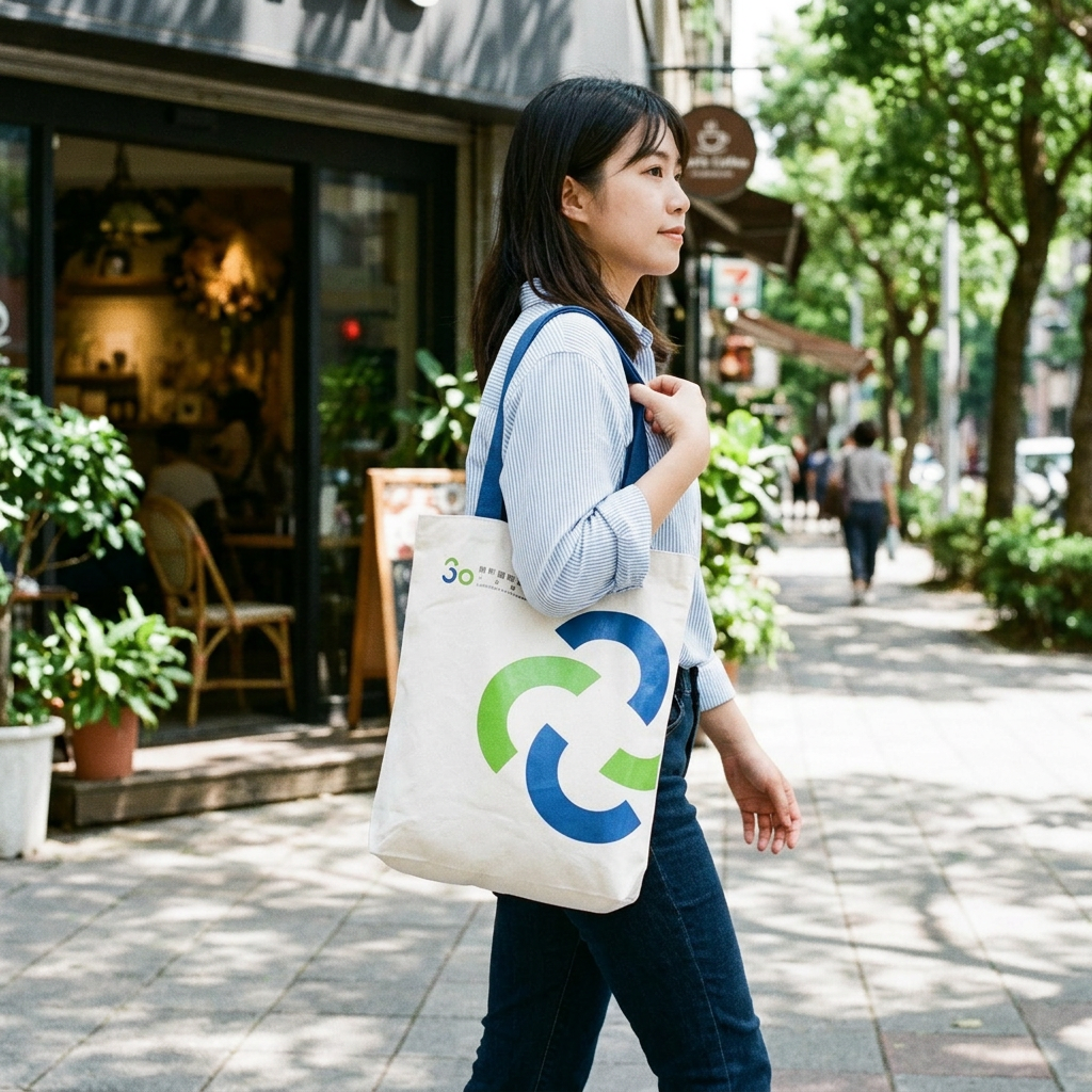 帆布袋，可客製印製企業 LOGO 的環保帆布袋，肩背裝著書本與水瓶走在咖啡街區的文青日常情境｜以泰禮品